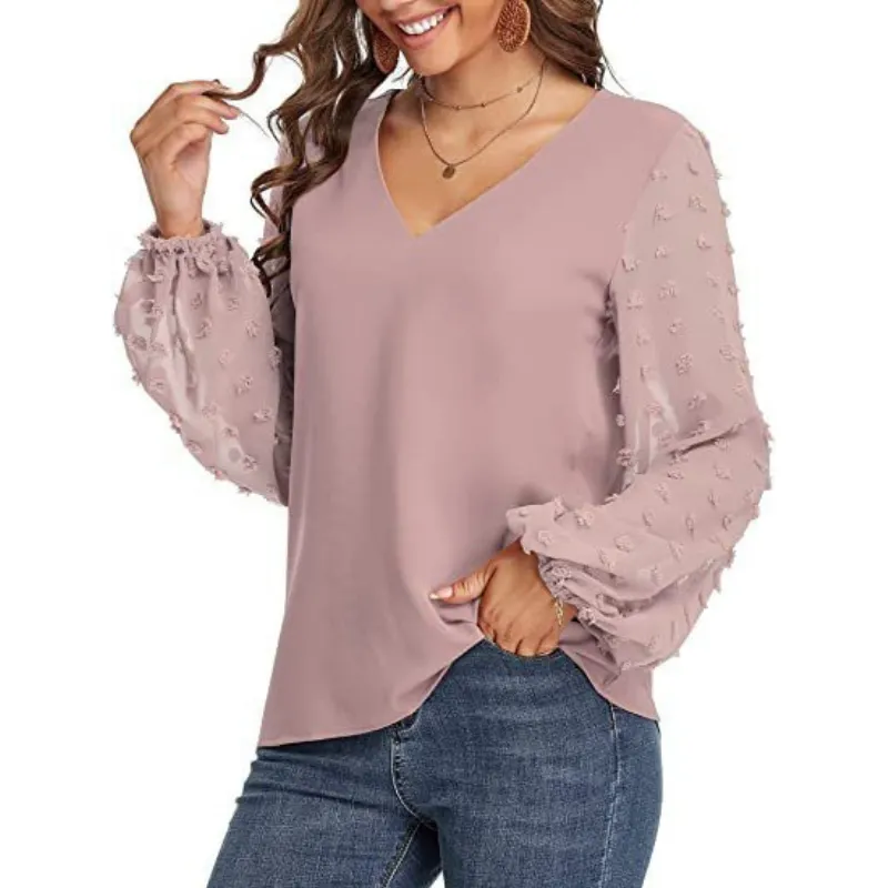 Semi-Formal V-neck Textured Sleeves Blouse