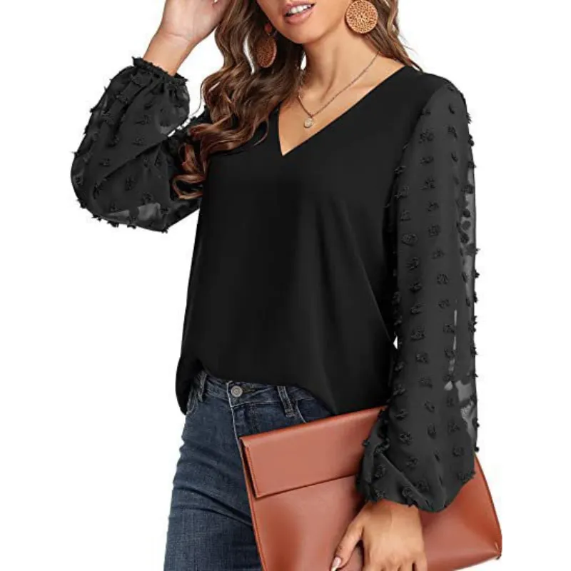 Semi-Formal V-neck Textured Sleeves Blouse