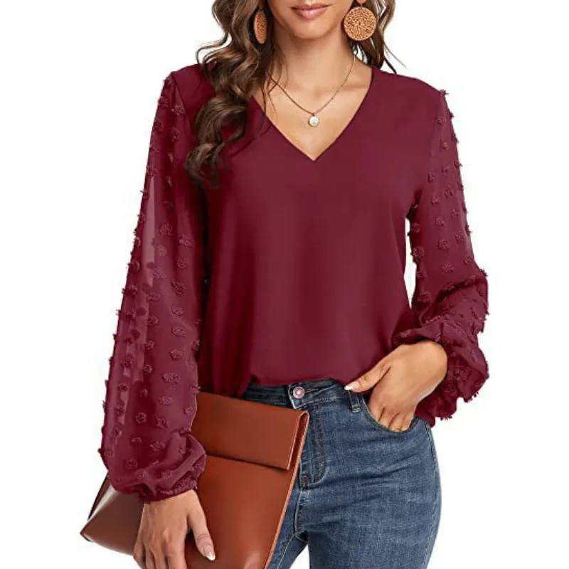 Semi-Formal V-neck Textured Sleeves Blouse