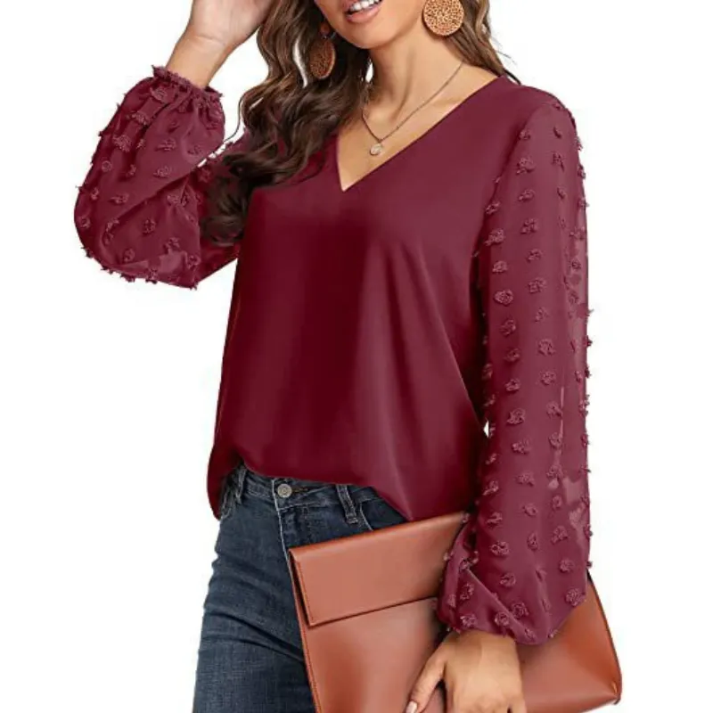 Semi-Formal V-neck Textured Sleeves Blouse