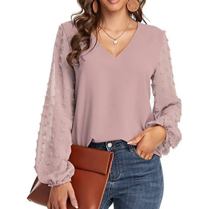 Semi-Formal V-neck Textured Sleeves Blouse