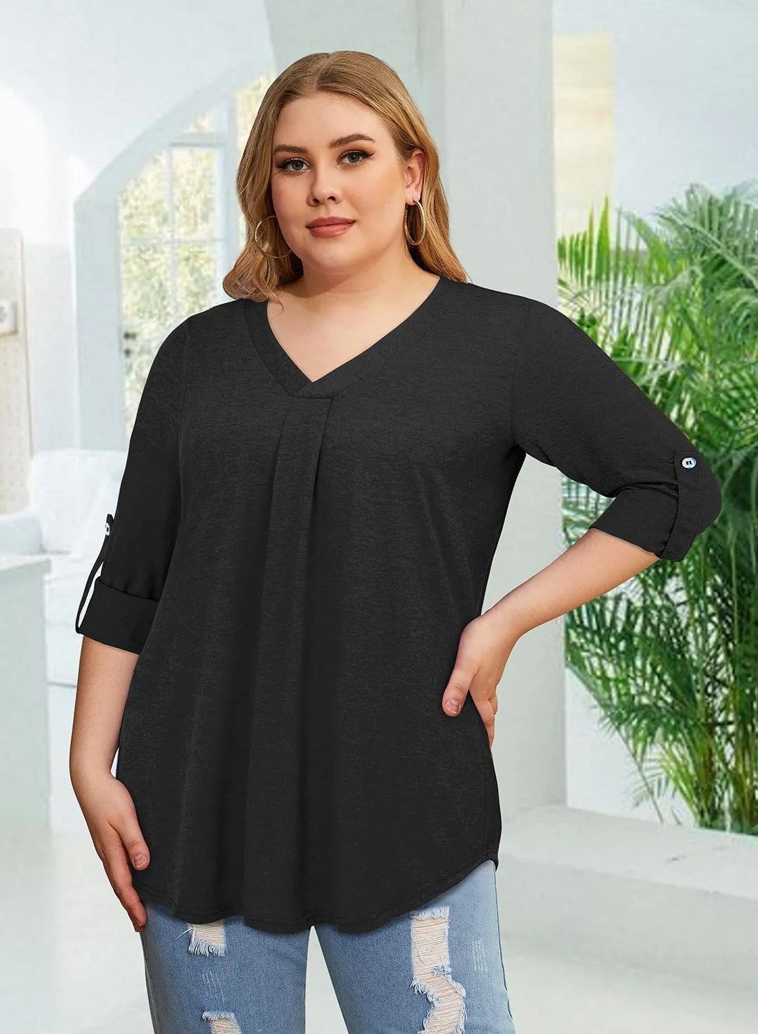 Siddhe Plus Size Tops for Women 3/4 Sleeve Shirts V Neck Blouses Tunic Top Spring Summer 2025