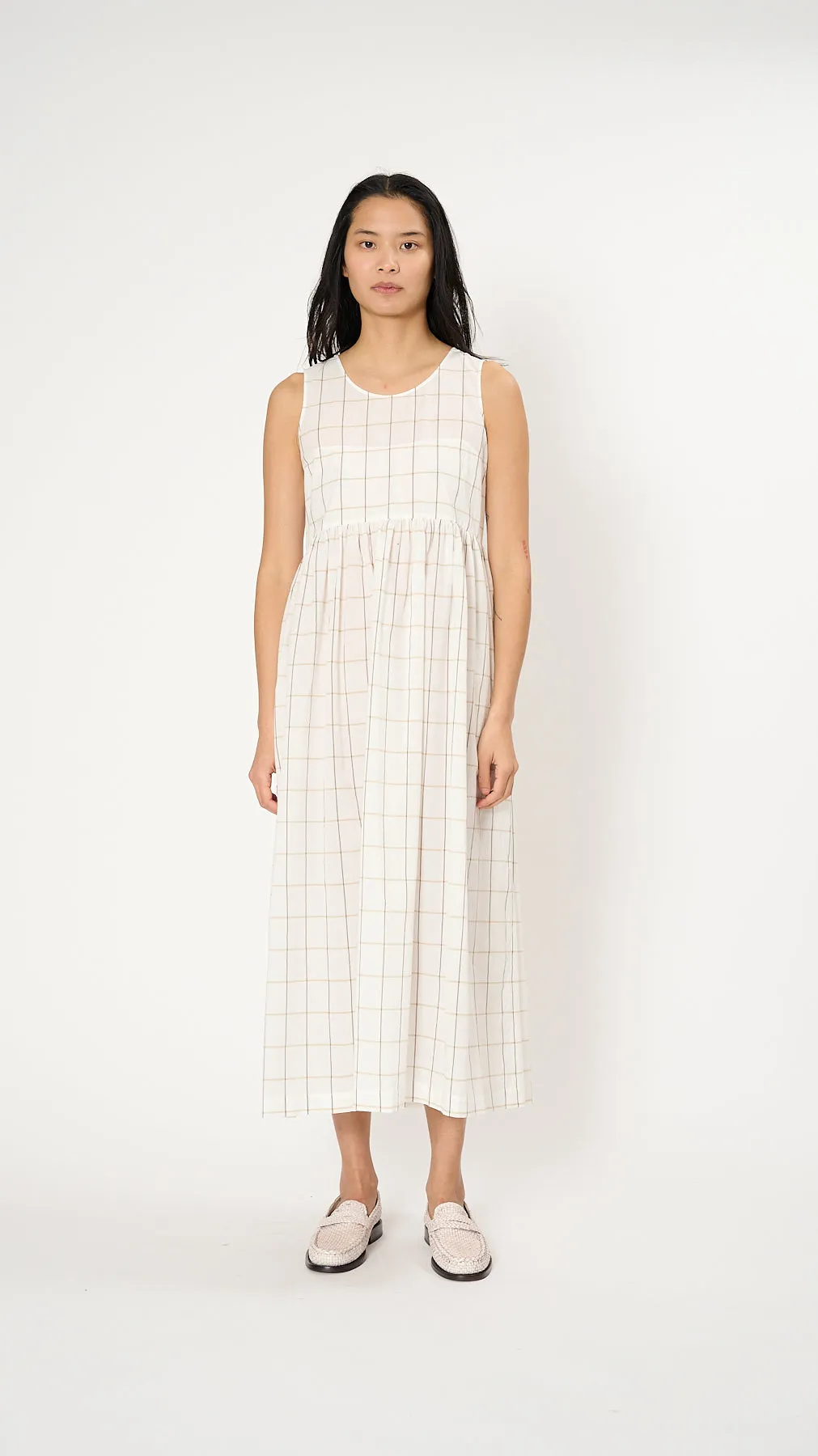 Sleeveless Check Dress in White Windowpane