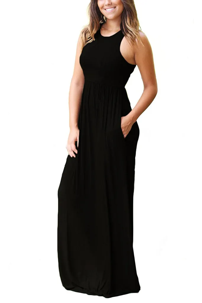 Sleeveless Racerback Loose Plain Maxi Dresses Casual Long Dresses with Pockets
