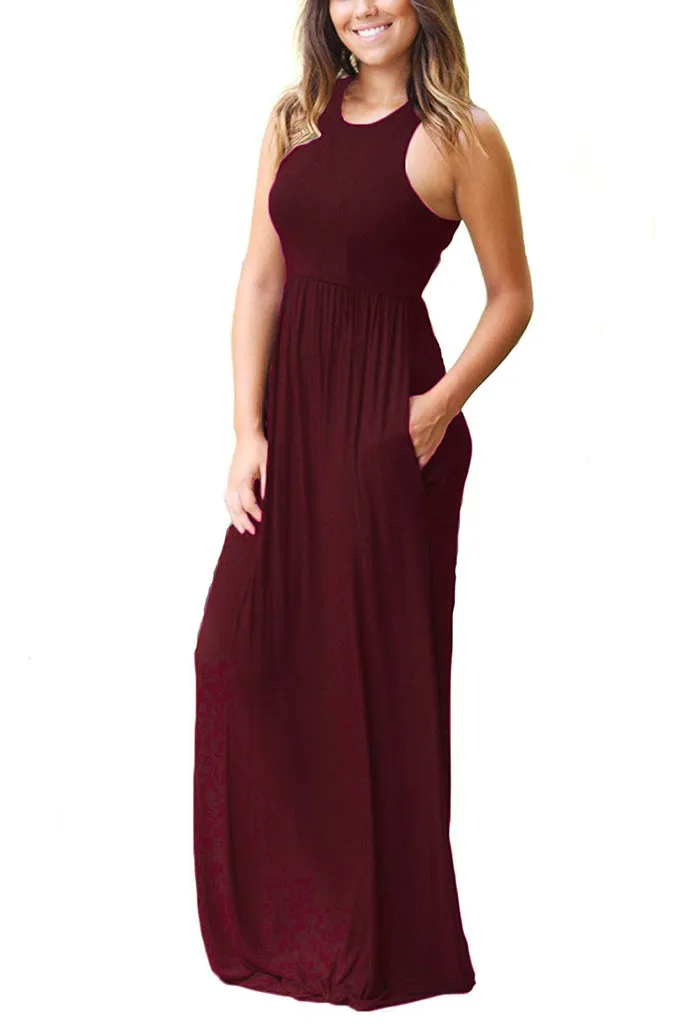 Sleeveless Racerback Loose Plain Maxi Dresses Casual Long Dresses with Pockets