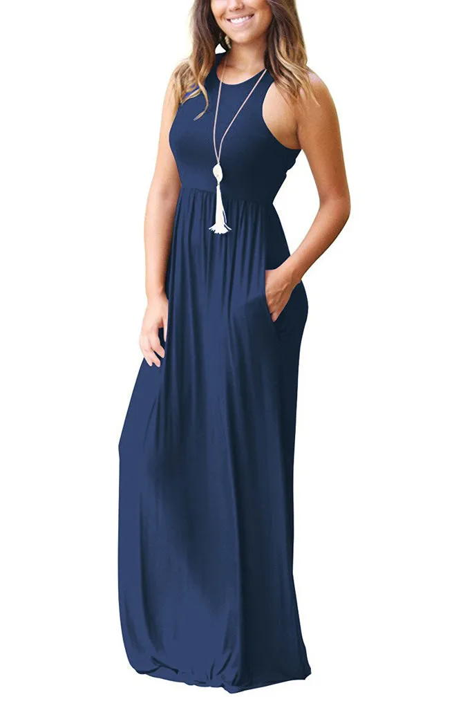 Sleeveless Racerback Loose Plain Maxi Dresses Casual Long Dresses with Pockets