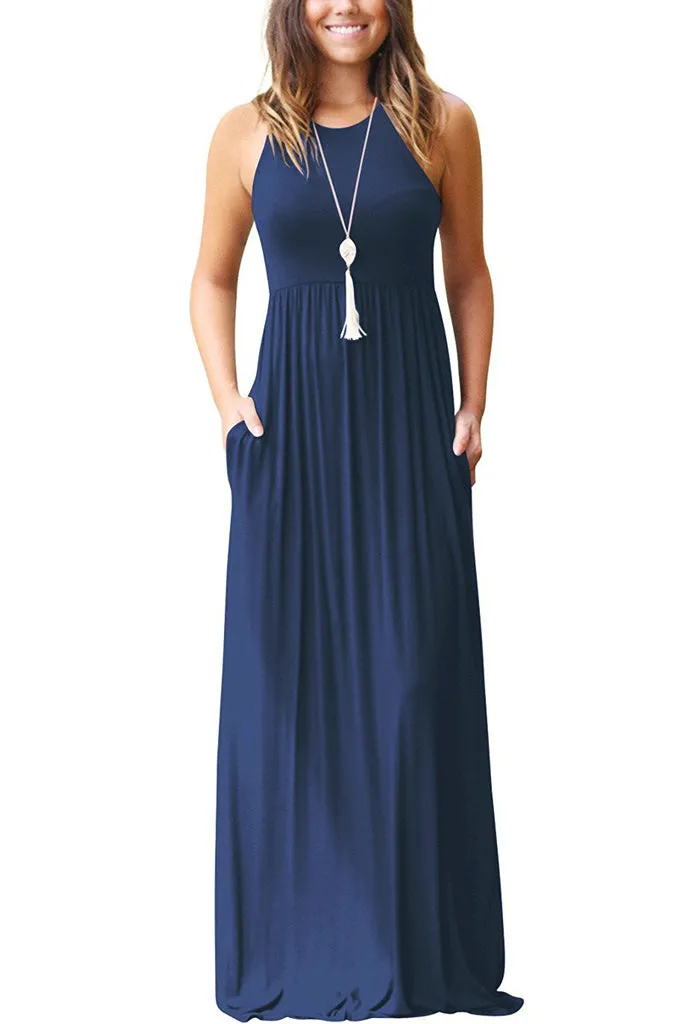 Sleeveless Racerback Loose Plain Maxi Dresses Casual Long Dresses with Pockets