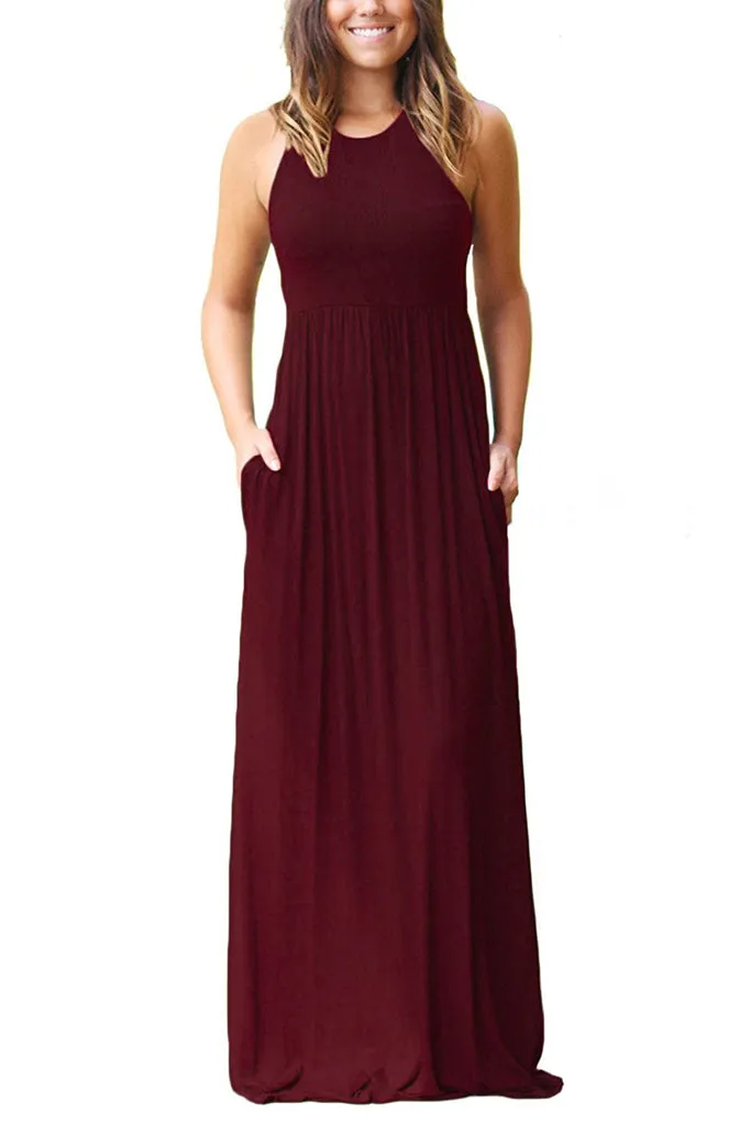 Sleeveless Racerback Loose Plain Maxi Dresses Casual Long Dresses with Pockets