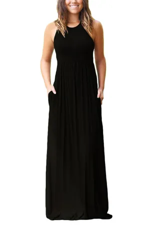 Sleeveless Racerback Loose Plain Maxi Dresses Casual Long Dresses with Pockets