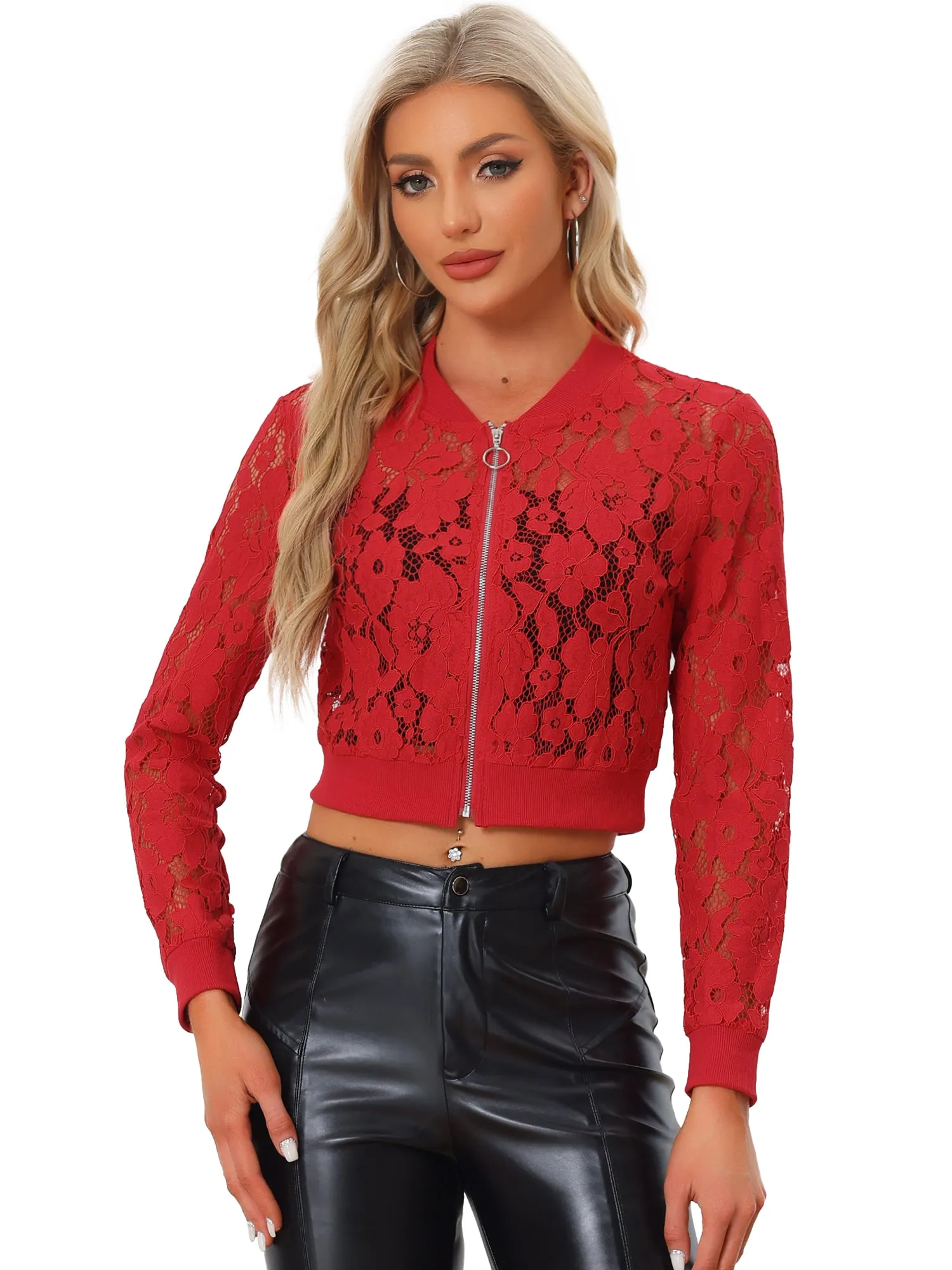 Stand Collar Zip Up Mesh Sheer Lace Crop Bomber Jacket