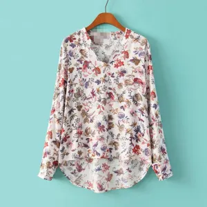 Supple Cotton Chiffon V-Neck Long Sleeve Pull-Over Blouse