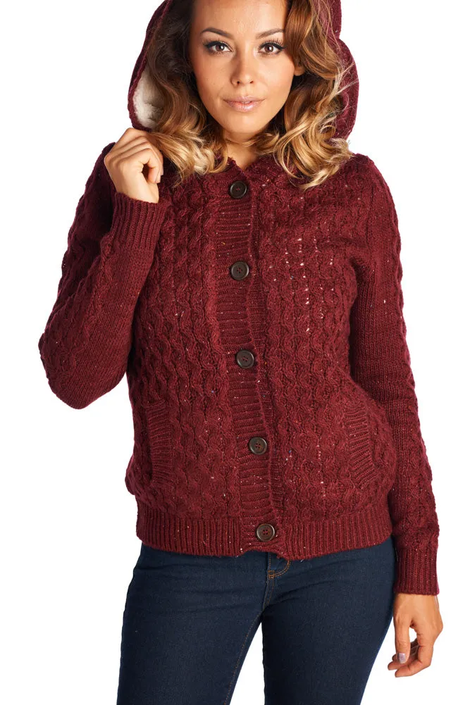 SW26155 Hooded Fur Lined Cable Knit Sweater