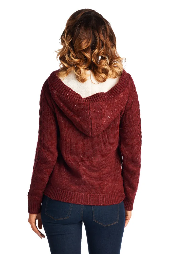 SW26155 Hooded Fur Lined Cable Knit Sweater