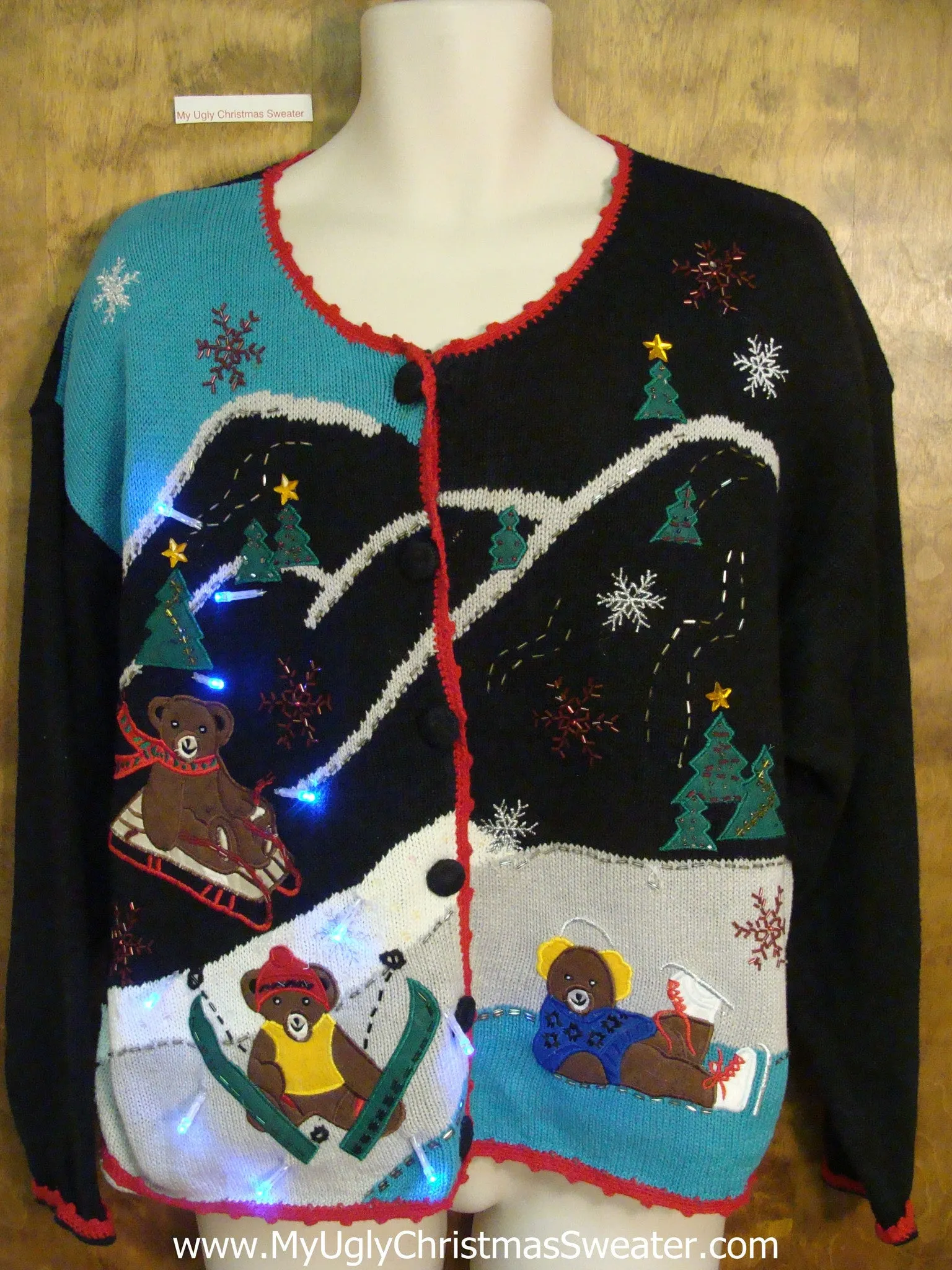 Teddy Bear Sledding Party Tacky Xmas Sweater with Lights
