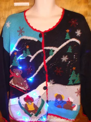 Teddy Bear Sledding Party Tacky Xmas Sweater with Lights