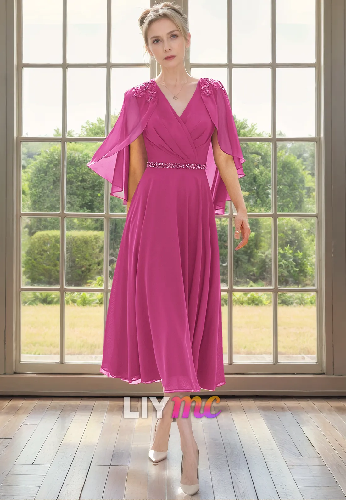 V-Neck Sleeveless Chiffon Pleated A-Line Mother of Bride Dress Cocktail Dress