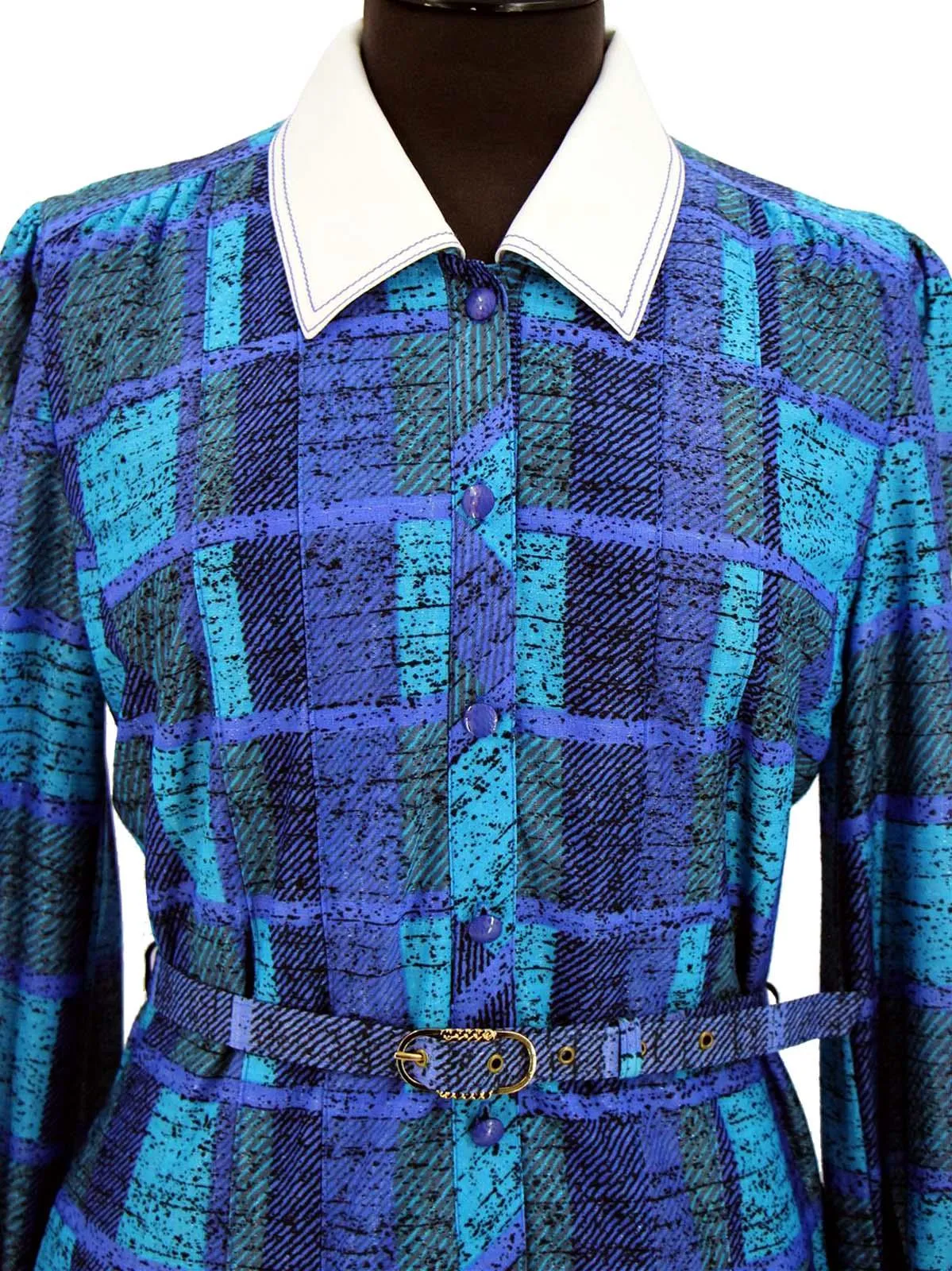 Vintage Shirt Dress Blue Grid Pattern