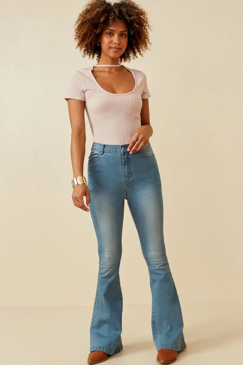 Womens Flared Elastic Waist Stretch Denim Jeans