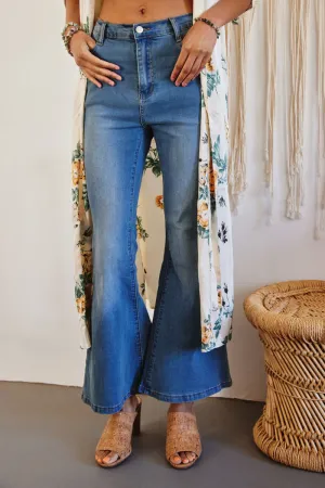 Womens Flared Elastic Waist Stretch Denim Jeans